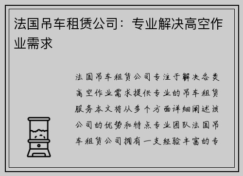 法国吊车租赁公司：专业解决高空作业需求